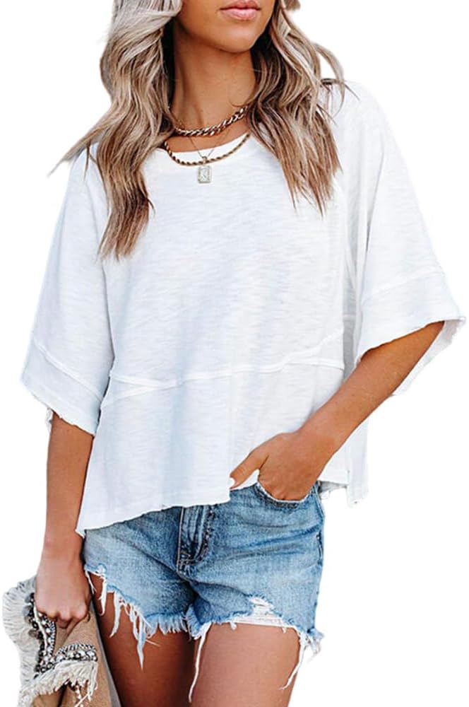 Sovelen Women’s Summer Casual Crewneck Batwing Half Sleeve T-Shirts Solid Color Loose Fit Cute Basic Flowy Tops Tees Blouses