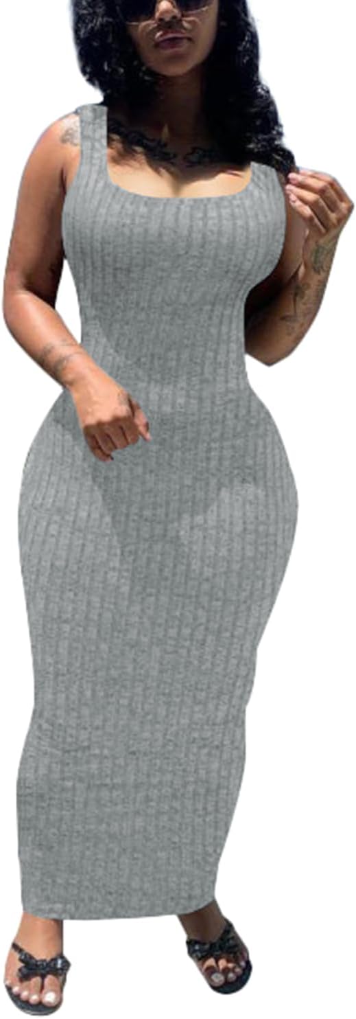 PINSV Women’s Bodycon Maxi Dress Stretchy Sleeveless Tank Dress Summer Long Ribbed Casual Beach Party Dress