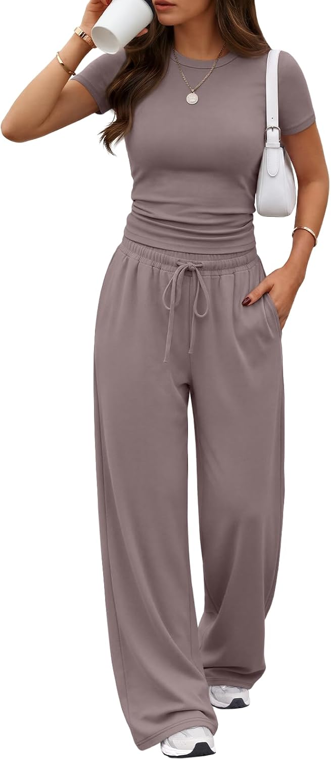 Trendy Queen 2 Piece Matching Summer Lounge Set Womens Side Ruching Top Wide Leg Pants Sets with Pockets