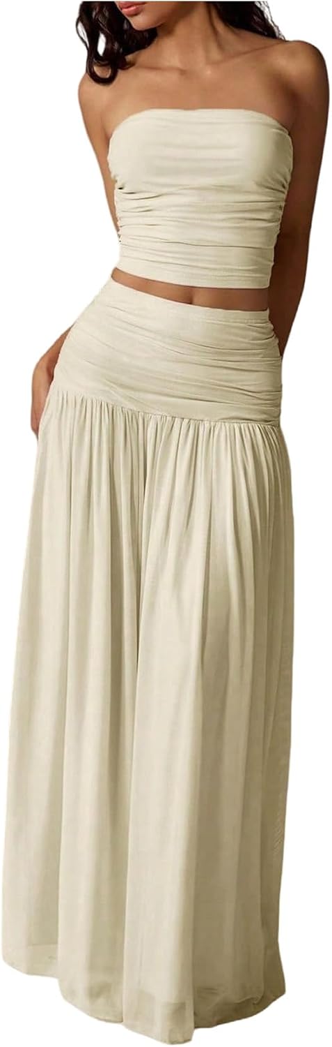 Verdusa Women’s 2 Piece Sets Summer Skirt Set Brunch Vacation Outfits Ruched Strapless Bandeau Top with Maxi Skirt