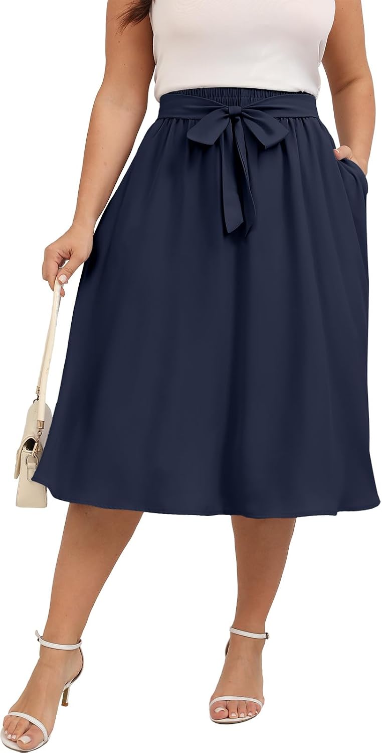 Xpenyo Womens Plus Size Midi Skirts Summer Elastic High Waisted Boho Casual Beach Flowy Swing Knee Length Skirts with Pockets
