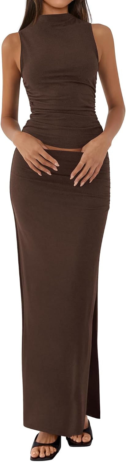 BTFBM Womens Two Piece Outfits Summer Lightweight 2026 Mock Neck Sleeveless Knit Tops Maxi Skirt Set Going Out Dress