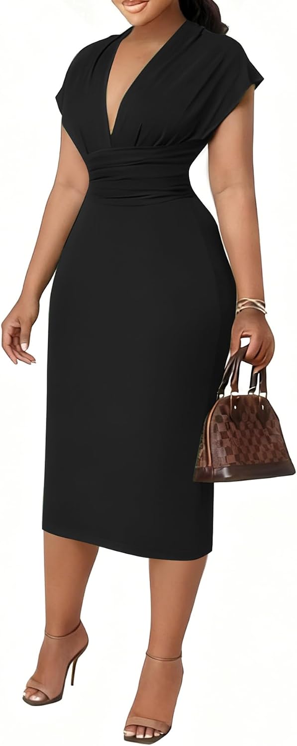 Women’s Bodycon Midi Dress Deep V-Neck Cap Sleeve Ruched High Waist Stretchy Dresses for Date Nights, Parties & Work