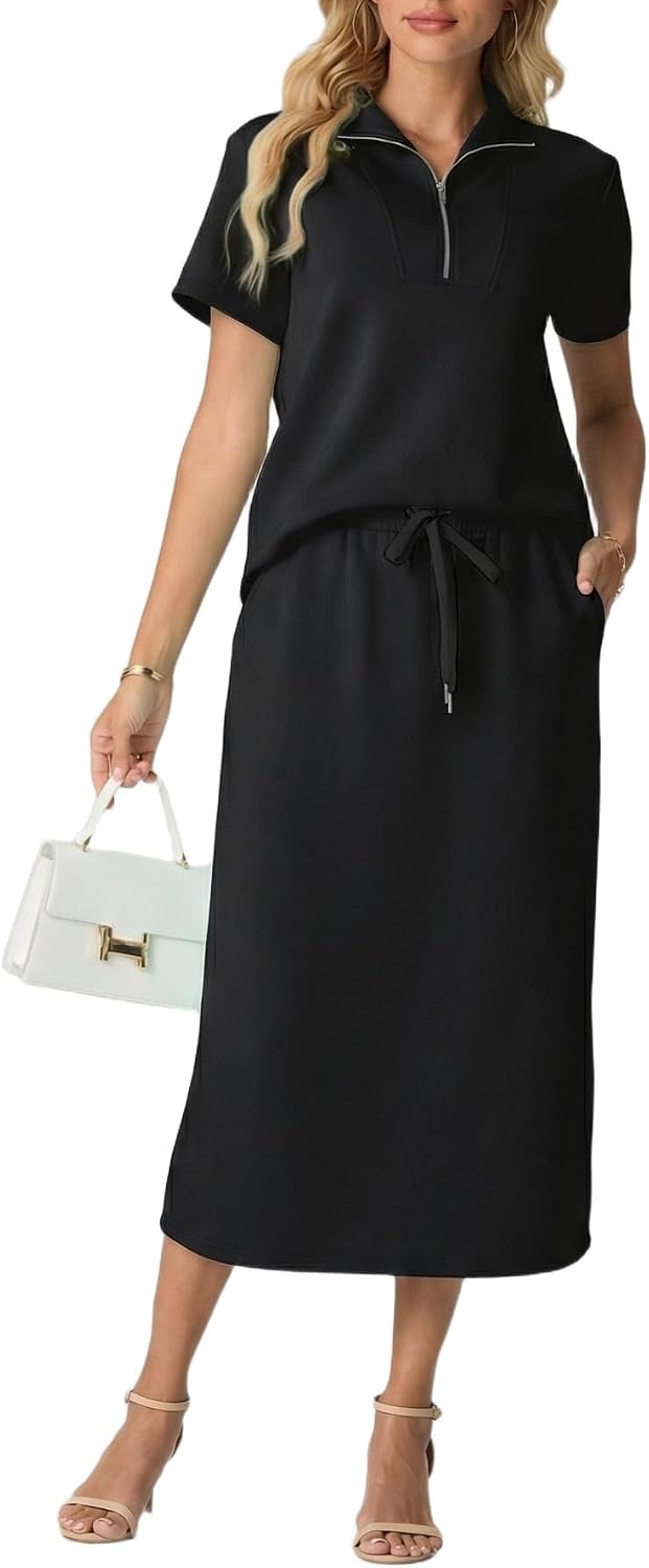 GRECERELLE Women’s 2 Piece Casual Summer Set, Half Zip Short Sleeve Top & Back Slit Maxi Skirt with Pockets For Vacation