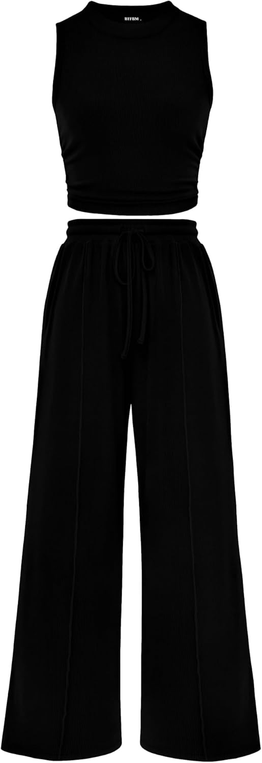 BTFBM Summer Outfits For Women 2026 Ribbed Sleeveless Tank Tops Wide Leg Pants 2 Piece Sets Lounge Set Clothing