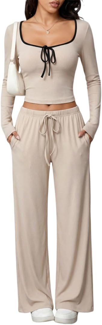 Women’s 2-Piece Loungewear Set, Long-Sleeve Contrast-Trim Top & Wide-Leg Pants for Daily Wear, Casual Outings, Lounge Use