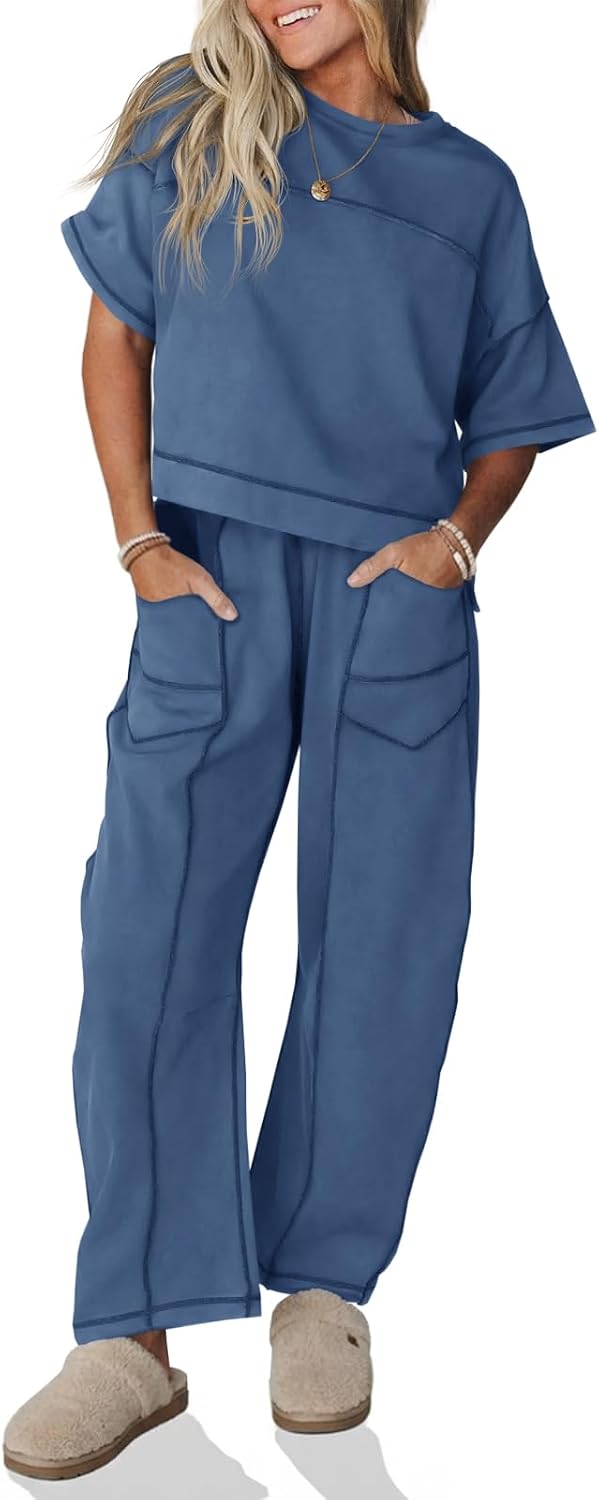 Fisoew Womens 2 Piece Outfits Lounge Sets Short Sleeve Tops and Wide Leg Pants Travel Vacation Casual Matching Sets