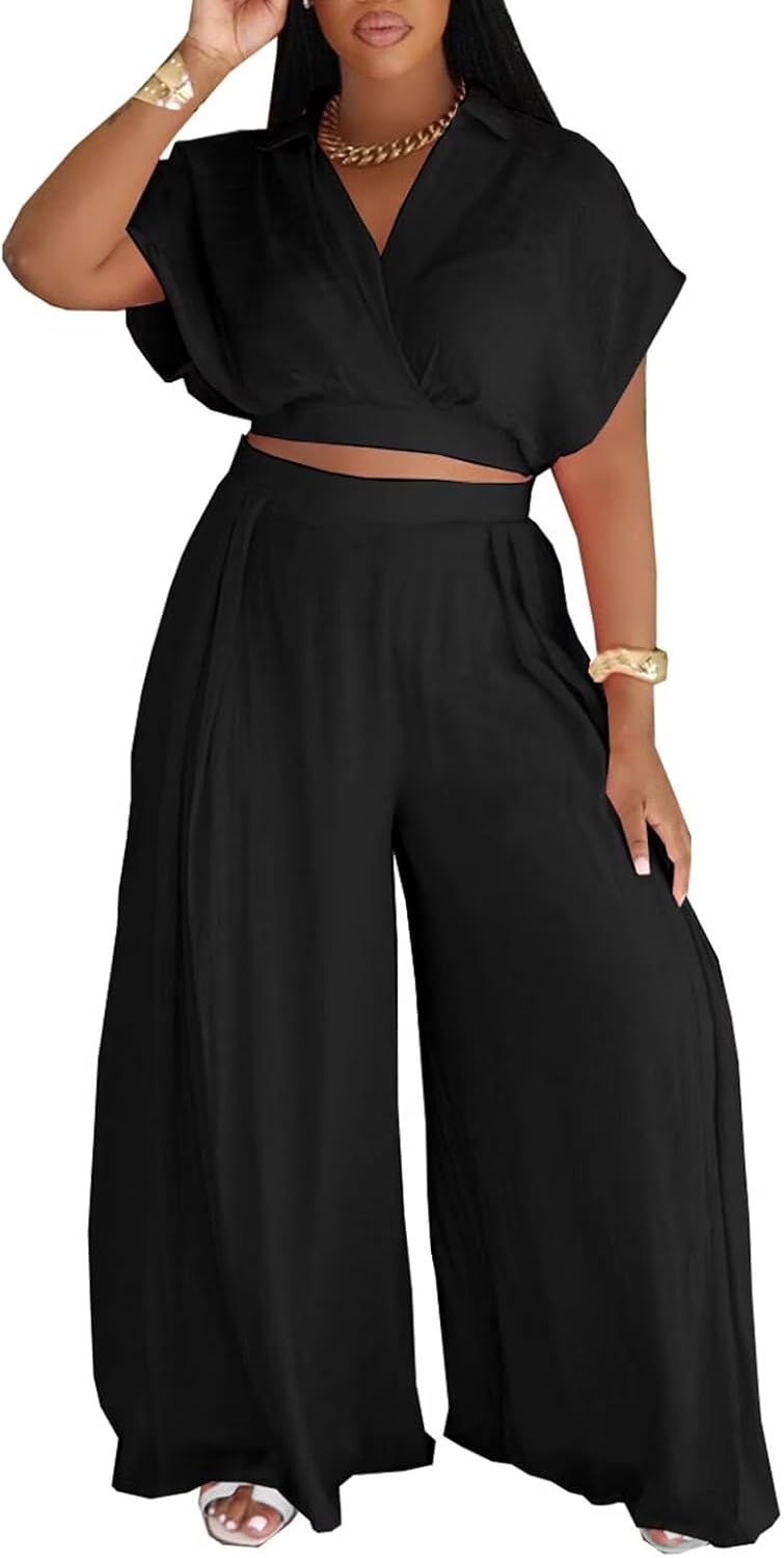 KEYUFANG Women’s Summer 2 Piece Outfits Wrap V Neck Crop Top and Wide Leg Pants Sets Casual Vacation Outfits