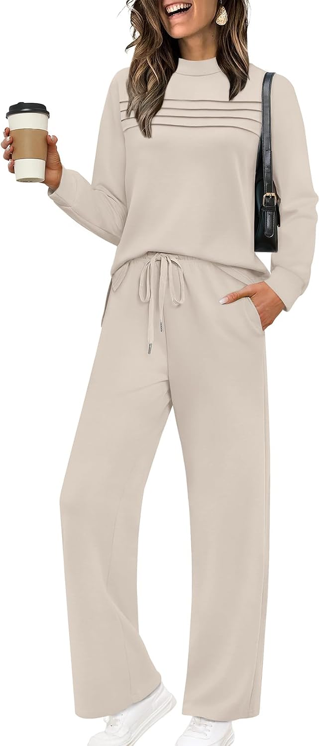 WIHOLL Two Piece Sets for Women Fall Travel Vacation Outfits 2026 Long Sleeve Lounge Sets Side Slit Wide Leg Pants XS-3XL