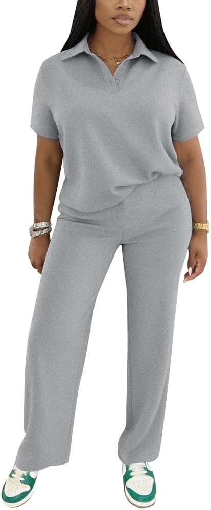 PINSV Women’s 2 Piece Outfits Short Sleeve Polo Shirt Wide Leg Pants Tracksuit Lounge Sets
