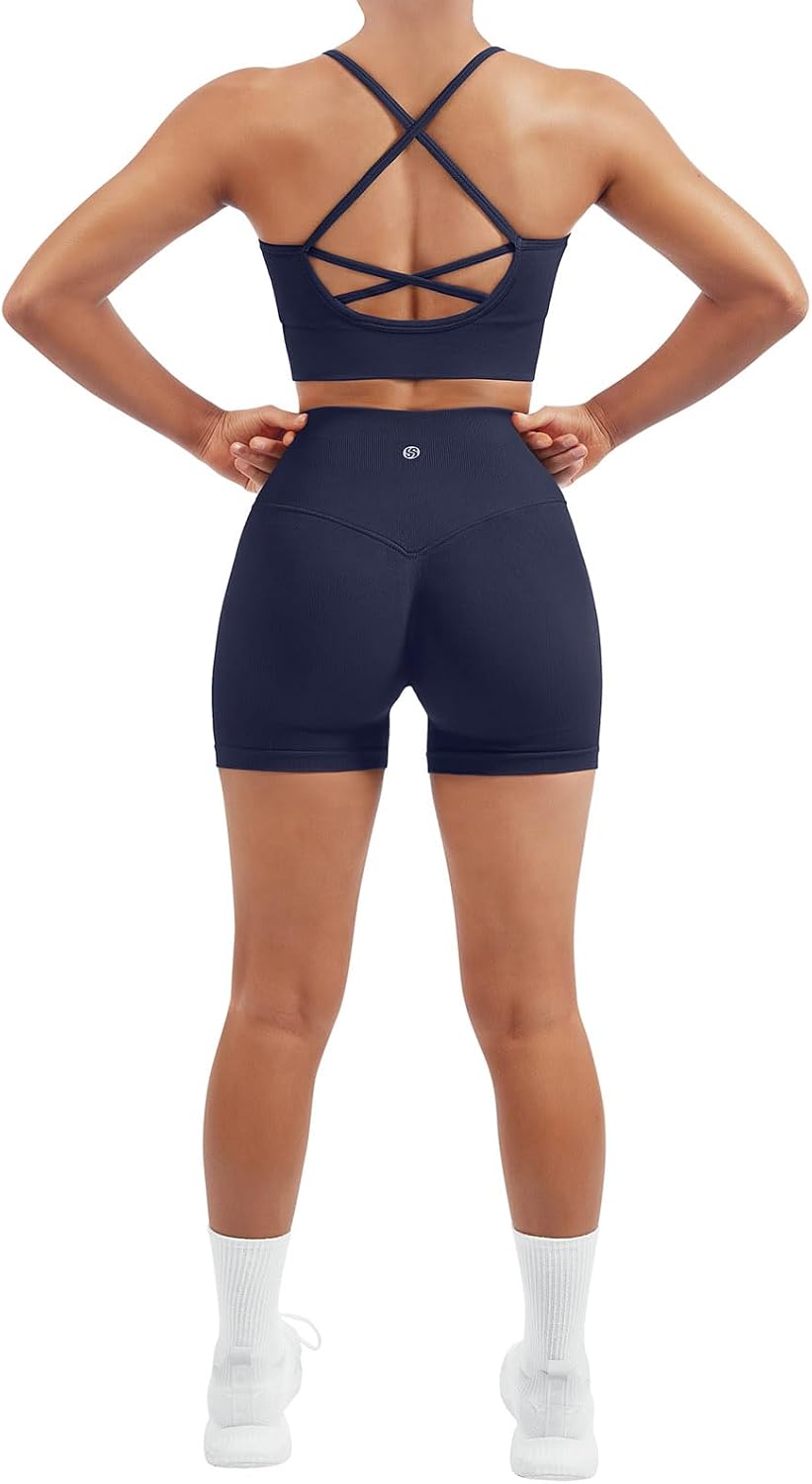 SUUKSESS Women Seamless 2 Piece Workout Sets Criss Cross Sports Bra High Waist Booty Shorts