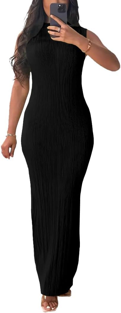 YeGine Women Sleeveless High Neck Ribbed Bodycon Maxi Dress Summer Elegant Cocktail Party Long Dresses