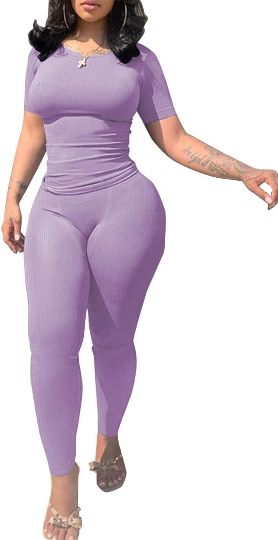 PINSV 2 Piece Sets for Women Summer Casual Jogger Workout Outfits Fitted Crew Neck T-shirt High Waist Legging Sets