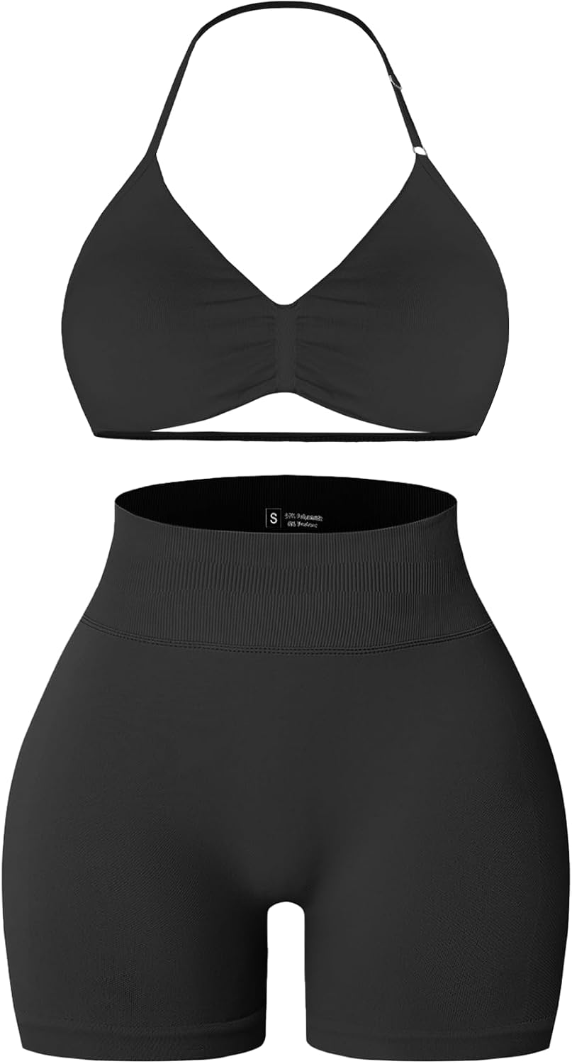 Comper 2 Piece Workout Sets for Women Halter Strappy Sports Bra with Seamless Ribbed Gym Yoga shorts Outfits