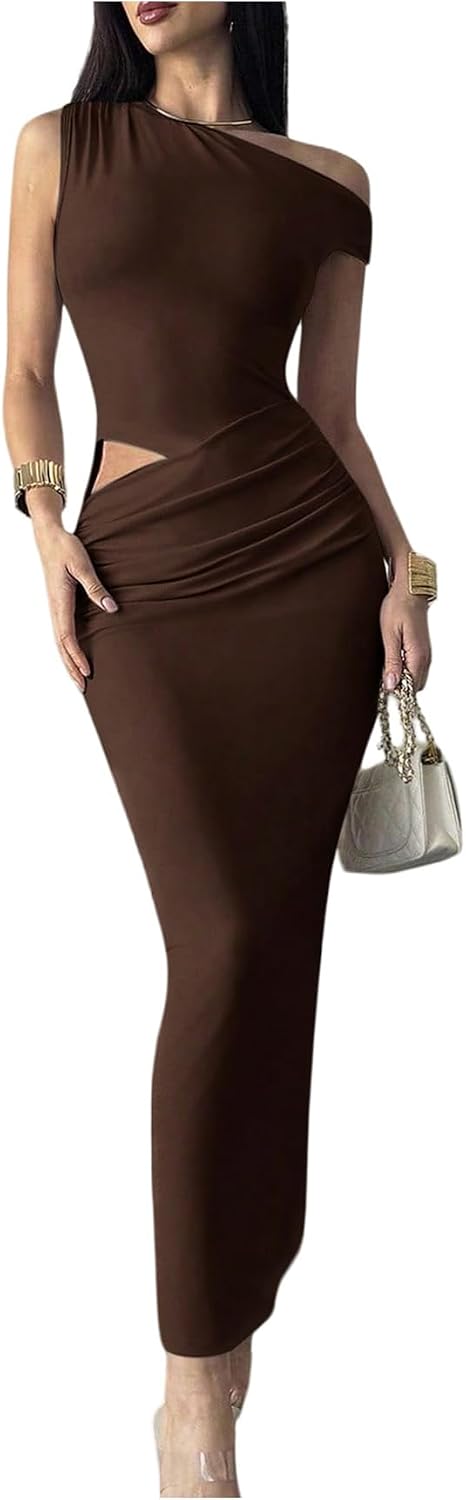 Verdusa Women’s Cut Out Off The Shoulder Dresses Elegant Ruched Slimming Maxi Dress Date Night Outfits