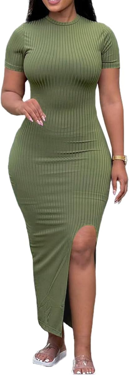 Womens Bodycon Maxi Dress Split Striped Ribbed Crewneck Short Sleeves Casual Sundress Solid Sexy Long Summer Dresses
