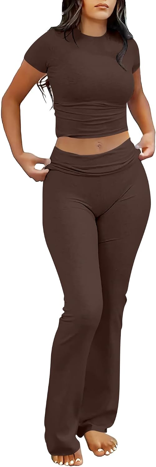 ANRABESS 2 Piece Lounge sets for Women | Soft Comfy Stretchy, Crop Top & Foldover Flare Leggings, Yoga Workout Matching Outfits, Trendy Y2k, Summer Wear Fall Layer