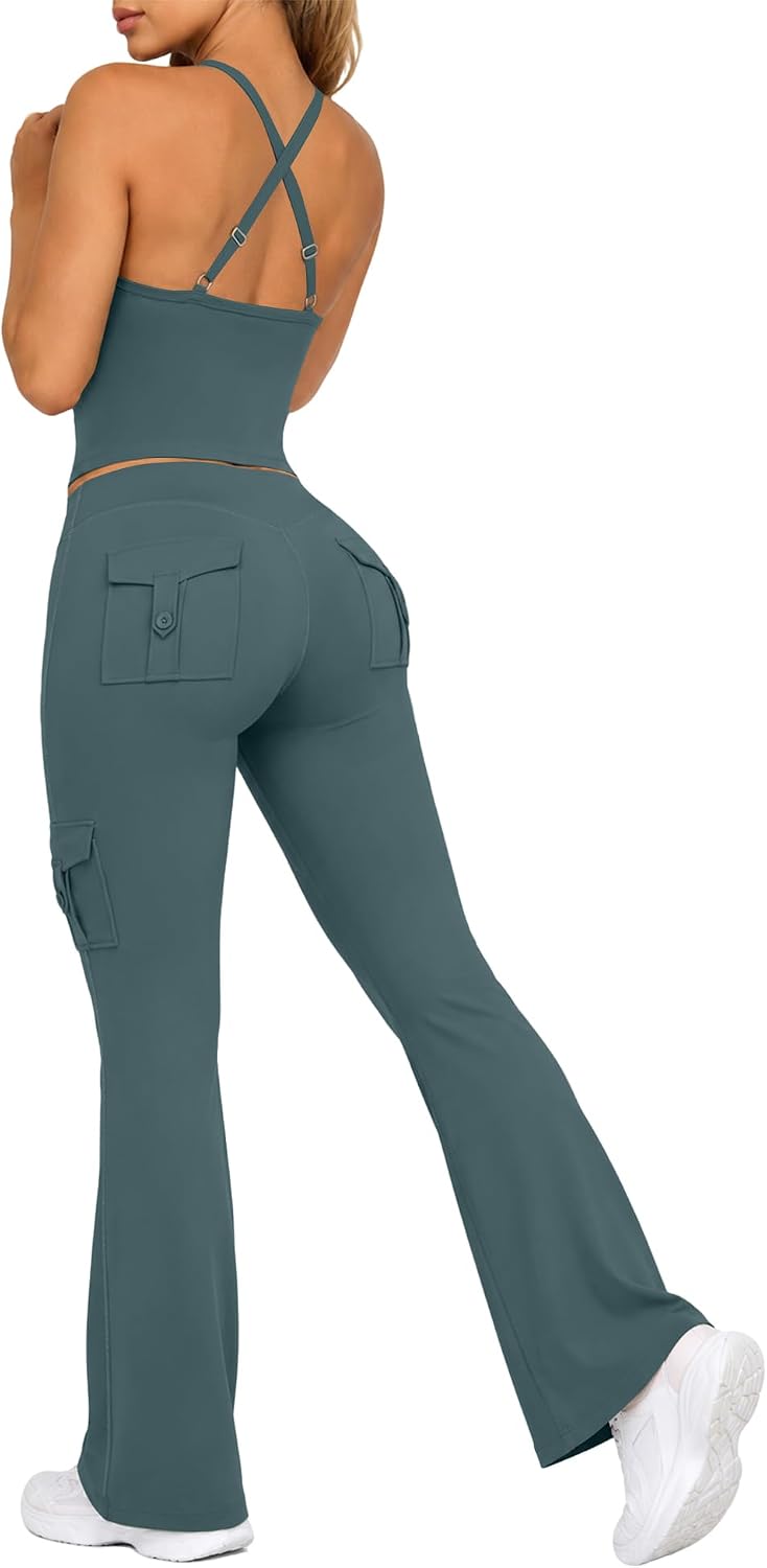 UOUA Women’s 2 Piece Workout Sets Cami Racerback Tank Cargo Flare Leggings with Pockets Gym Yoga Outfits