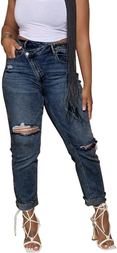 HTD Women’s Boyfriend Jeans Ripped Skinny Jeans Distressed Stretchy Denim Pants