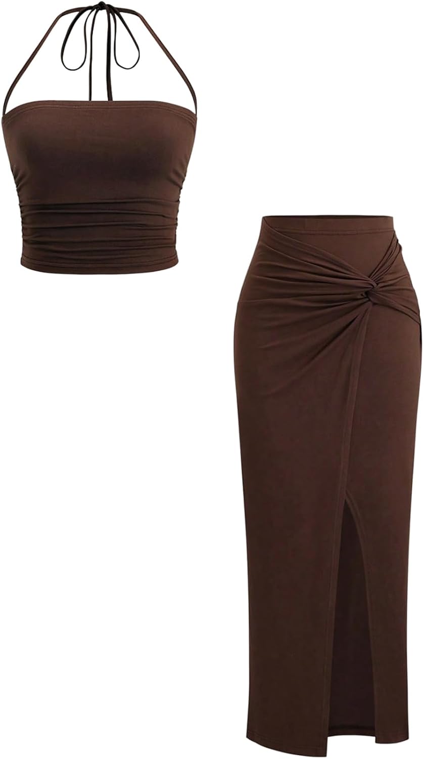 Verdusa Women’s 2 Piece Vacation Outfits Ruched Crop Halter Top with Asymmetrical Slit Long Skirt Going Out Sets