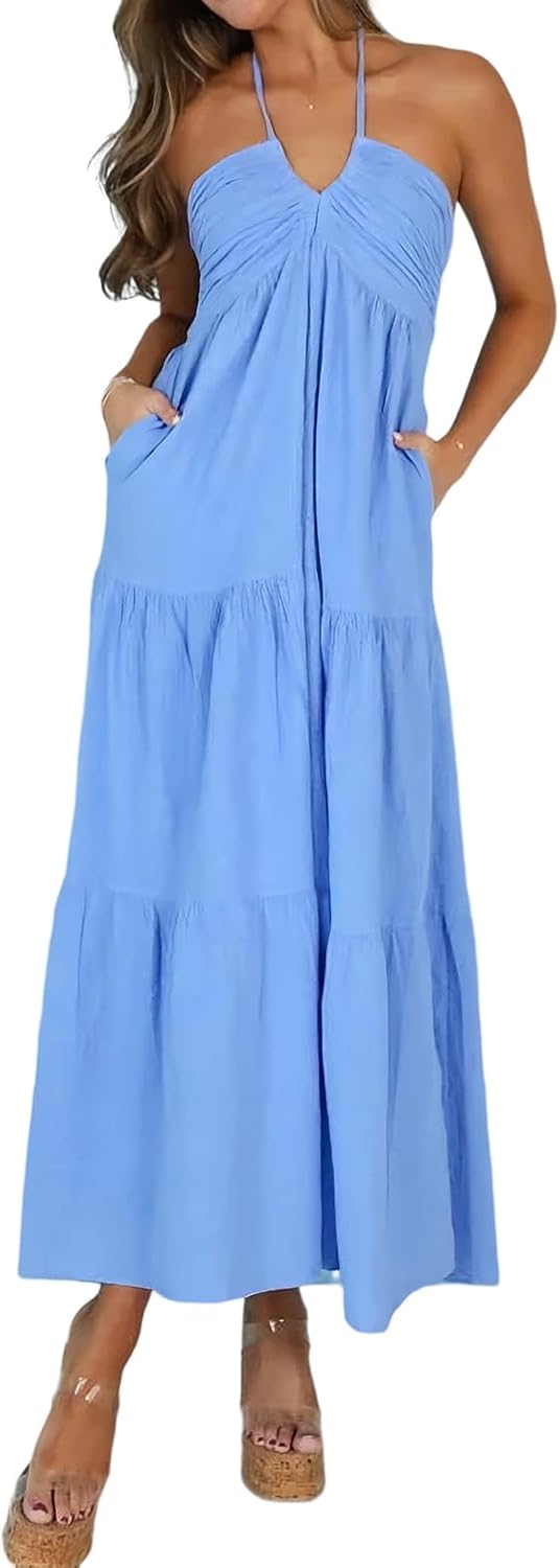 Women’s Casual Halter Tiered Vacation Maxi Dress with Pockets