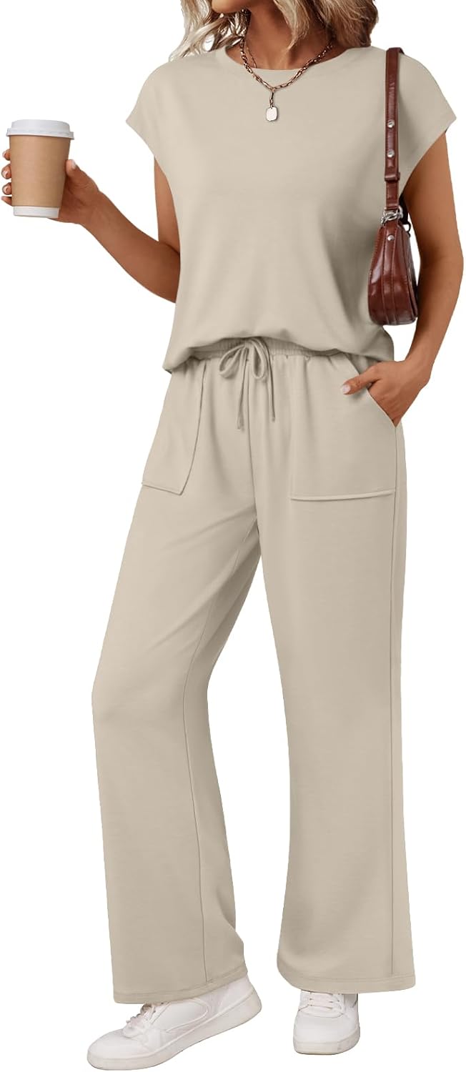 AUTOMET Women’s 2 Piece Lounge Set Casual Cap Sleeve Top Wide Leg Pants Summer Vacation Outfits