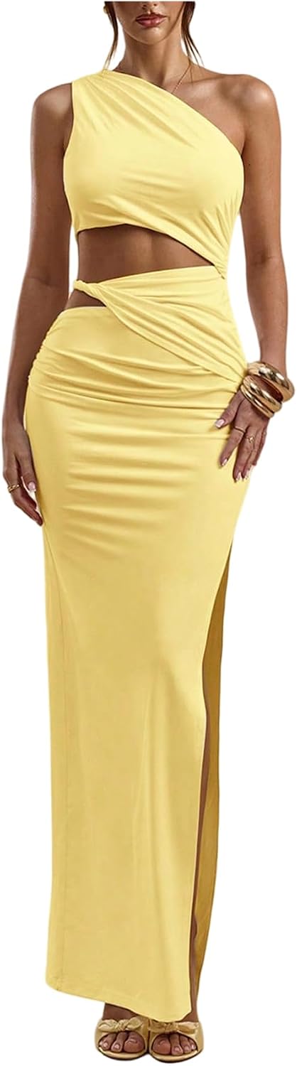 Floerns Women’s One Shoulder Cutout Maxi Party Dress Sleeveless Split Bodycon Wedding Guest Night Out Dresses