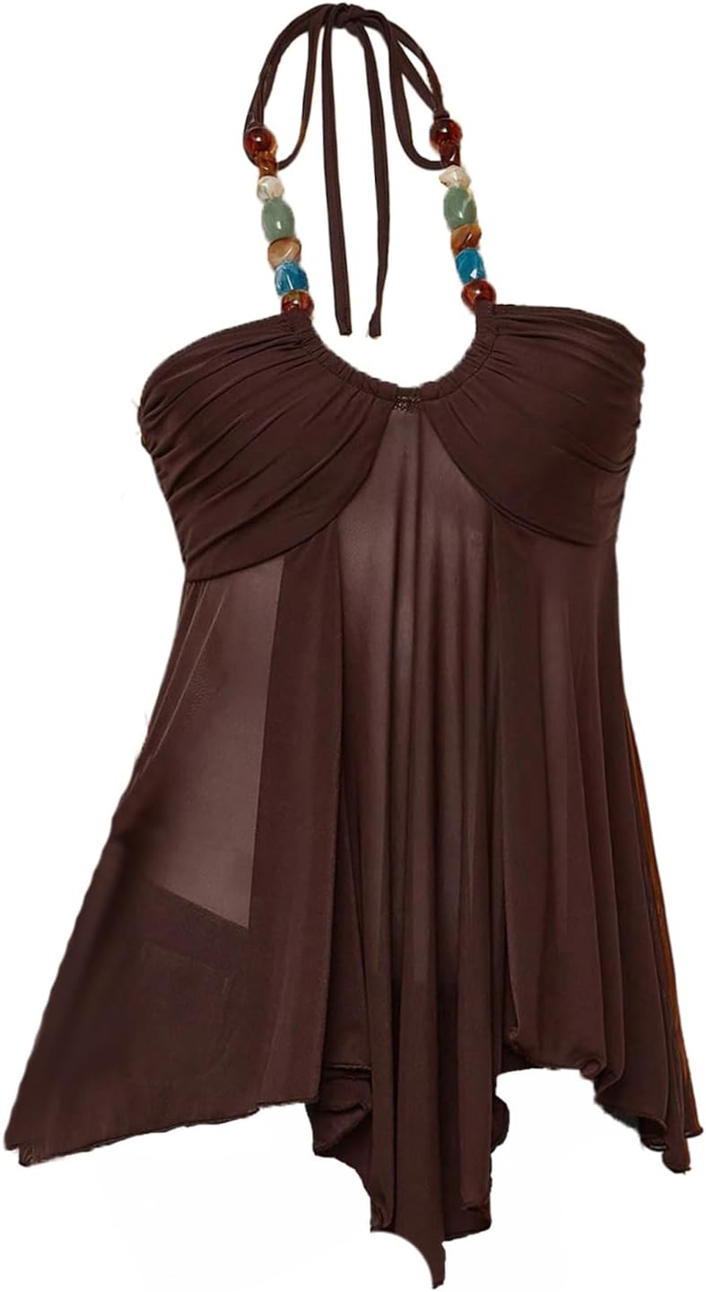OYOANGLE Women’s Boho Beaded Sheer Cami Halter Top Flowy Asymmetrical Hem Sleeveless Tops Summer Going Out Tops