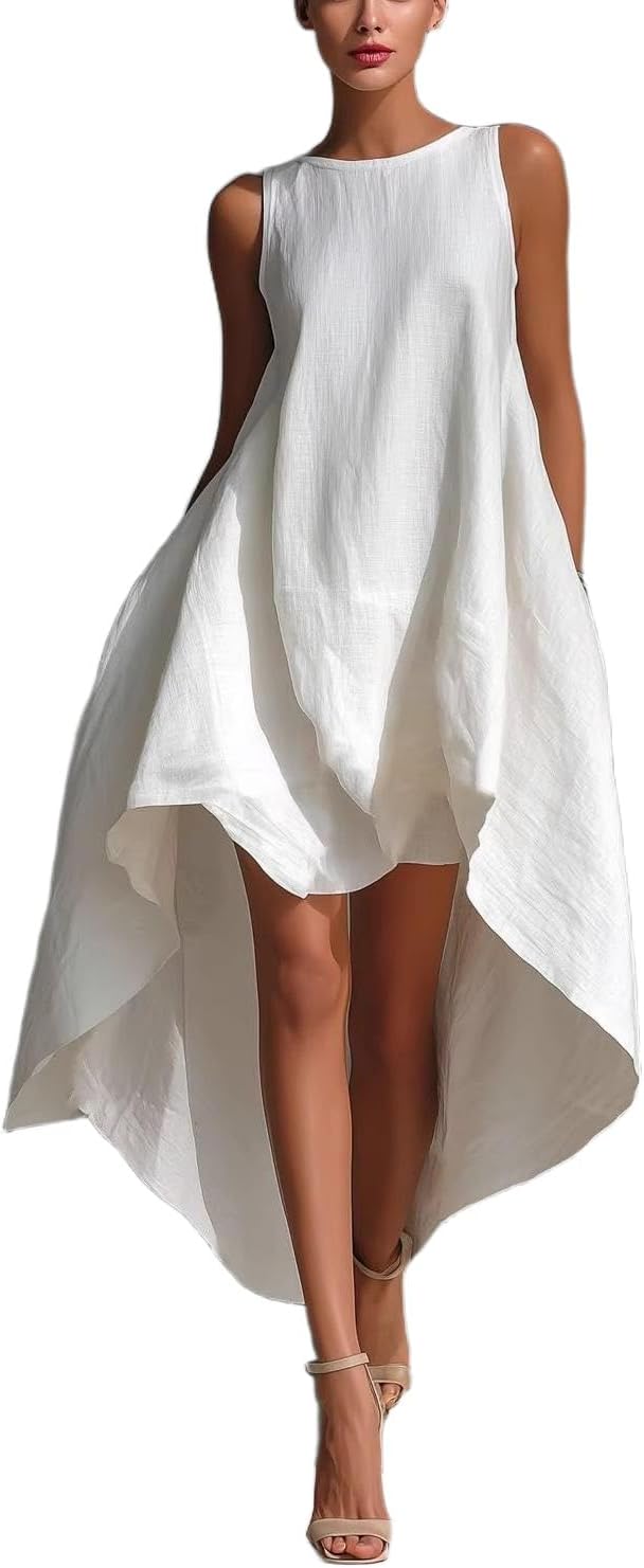 Apvirdy Women’s Summer Sleeveless Maxi Dress Asymmetrical High Low Hem Linen Dress Solid Color Swing Beach Vacation Dresses