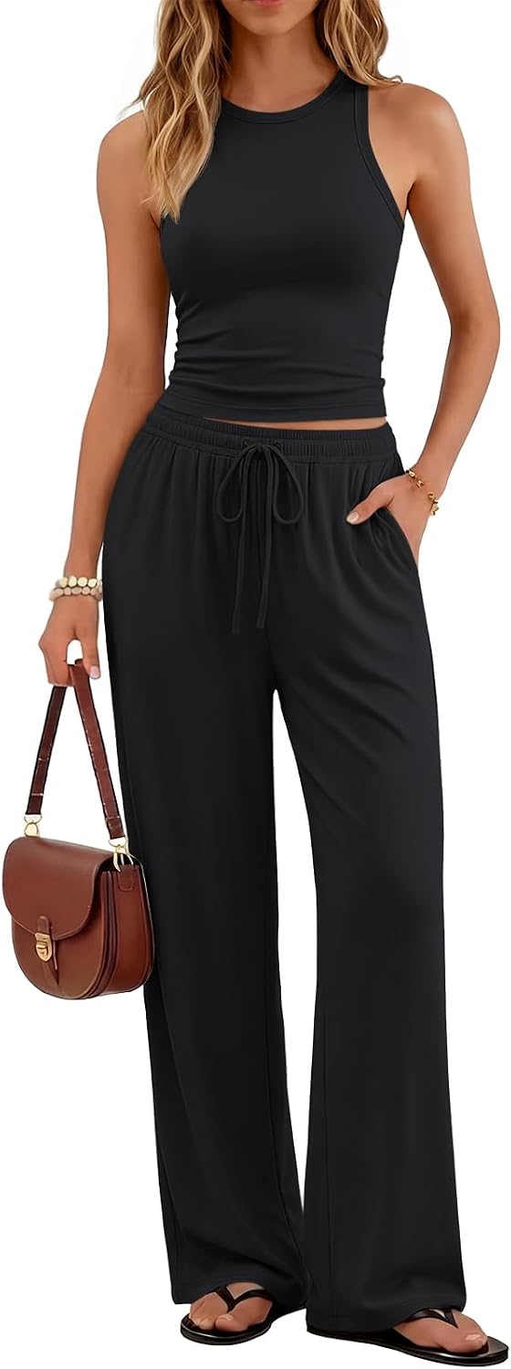 Trendy Queen Women’s Summer 2 Piece Lounge Set Matching Outfits 2026 | Butter Soft Tank Top, High Waisted Wide Leg Pants, With Pockets
