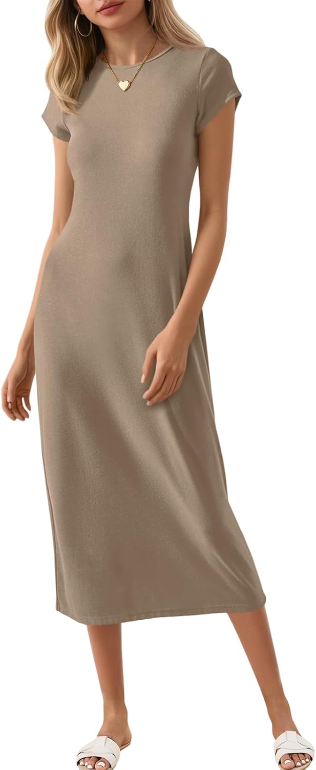 Wenrine Women’s Short Sleeve T-Shirt Dress Summer Crew Neck Basic Solid Casual Long Midi Dresses