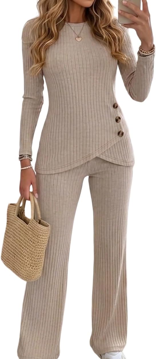 Women’s 2 Piece Ribbed Knit Lounge Set Long Sleeve Top Wide Leg Pants Elastic Waist Casual Outfit