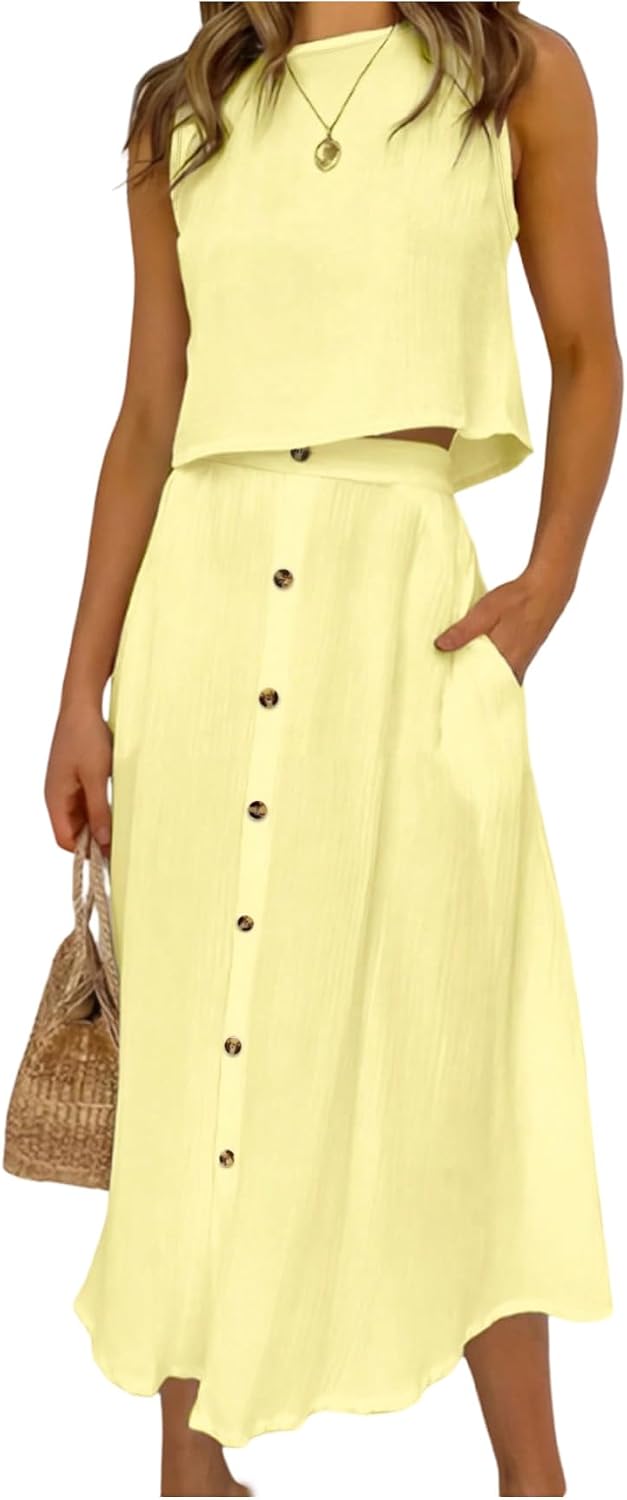 SOLY HUX Women’s 2 Piece Skirt Sets Sleeveless Tank Tops and Button Front Skirt Summer Vacation Outfits
