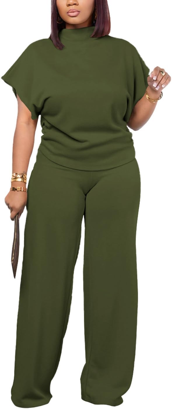 Lounge Sets For Women Casual 2 Piece Outfits Wide Leg Pants | Relaxed batwing top, Elastic waist, Easy styling for travel, Light stretch fabric, casual outings and lounging