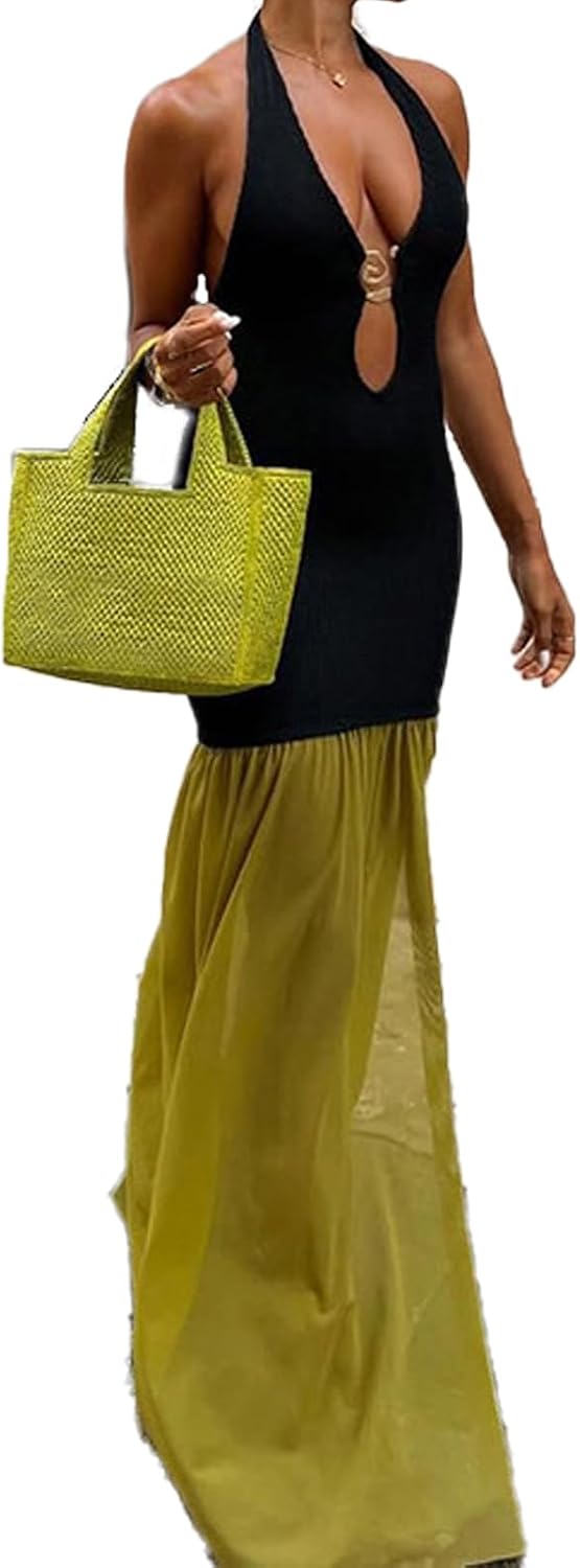 Molisry Women’s Patchwork Halter Dress Sexy Sleeveless Hollowed Cut Out Mesh Flowy Slit Maxi Sun Dress Party Club