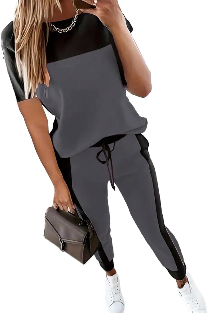 HBQ Women’s 2 Piece Outfits Color Block Jogger Tracksuit | Summer Travel Sweatsuits,Short Sleeve Pull On Top,High Waisted Jogger Pants Lounge Sets,Elastic Waistband,Soft & Comfortable