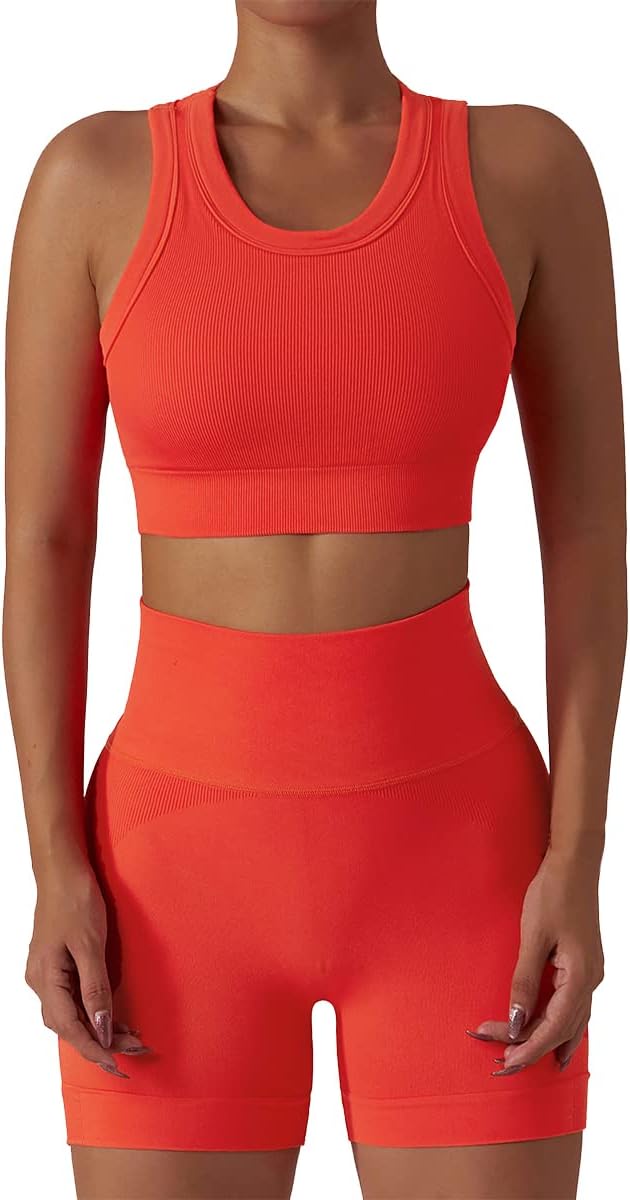 Workout Sets for Women 2 Piece Seamless Ribbed Tank Top Sport Bra High Waist Biker Shorts GYM Yoga Exercise Outfits