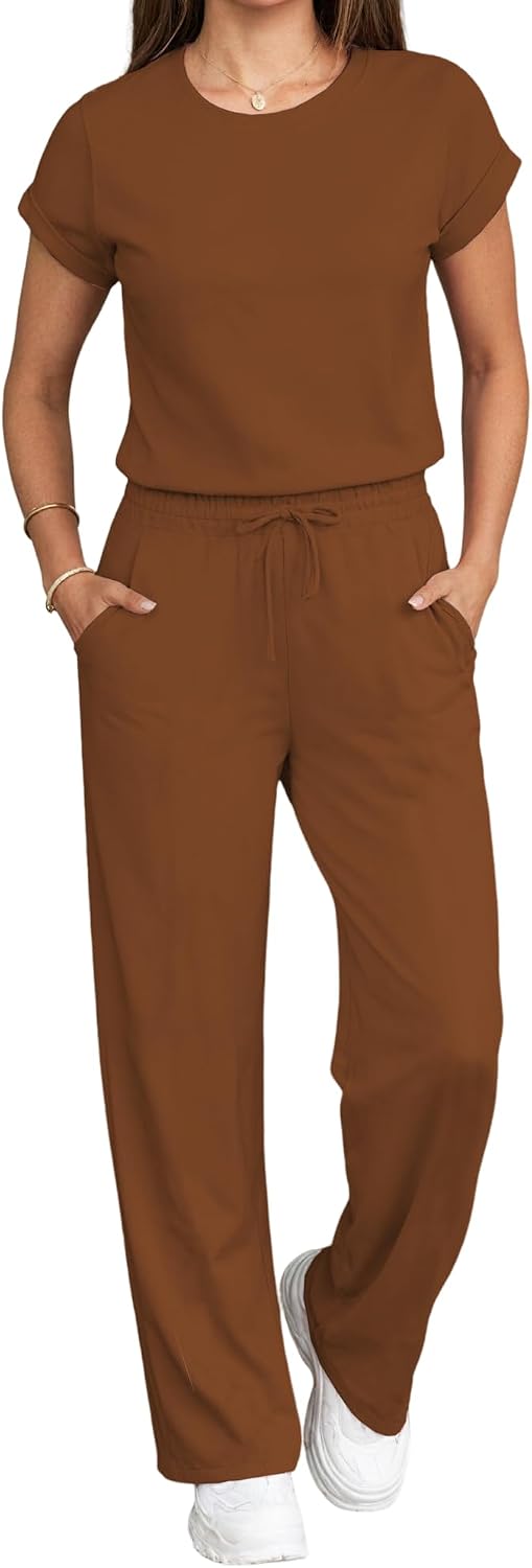 PINSV Women’s 2 Piece Outfits Lounge Sets Short Sleeve Tops Wide Leg Pants Tracksuit