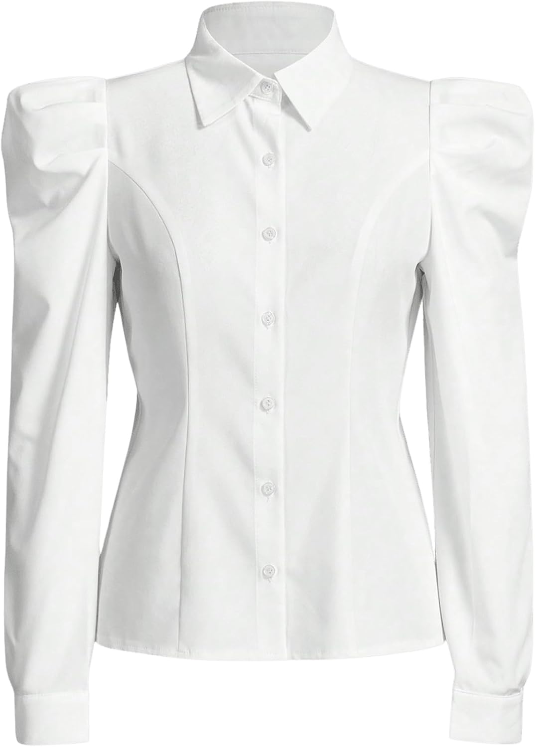 Floerns Women’s Elegant Puff Long Sleeve Collared Shirts Button Down Dressy Blouse Top