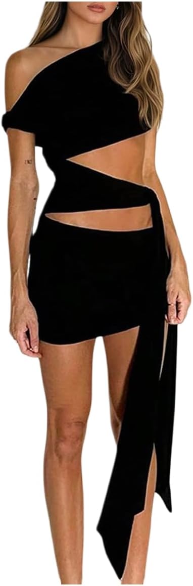 SweatyRocks Women’s Cut Out Off the Shoulder Mini Dress Tie Knot Sexy Bodycon Club Party Dresses