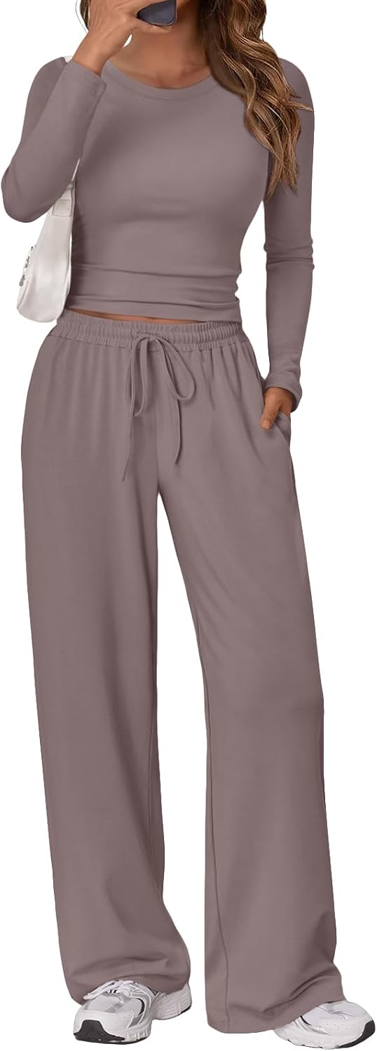 Trendy Queen Women’s 2 Piece Matching Lounge Set Long Sleeve Side Ruching Top Wide Leg Drawstring Pants Set with Pockets