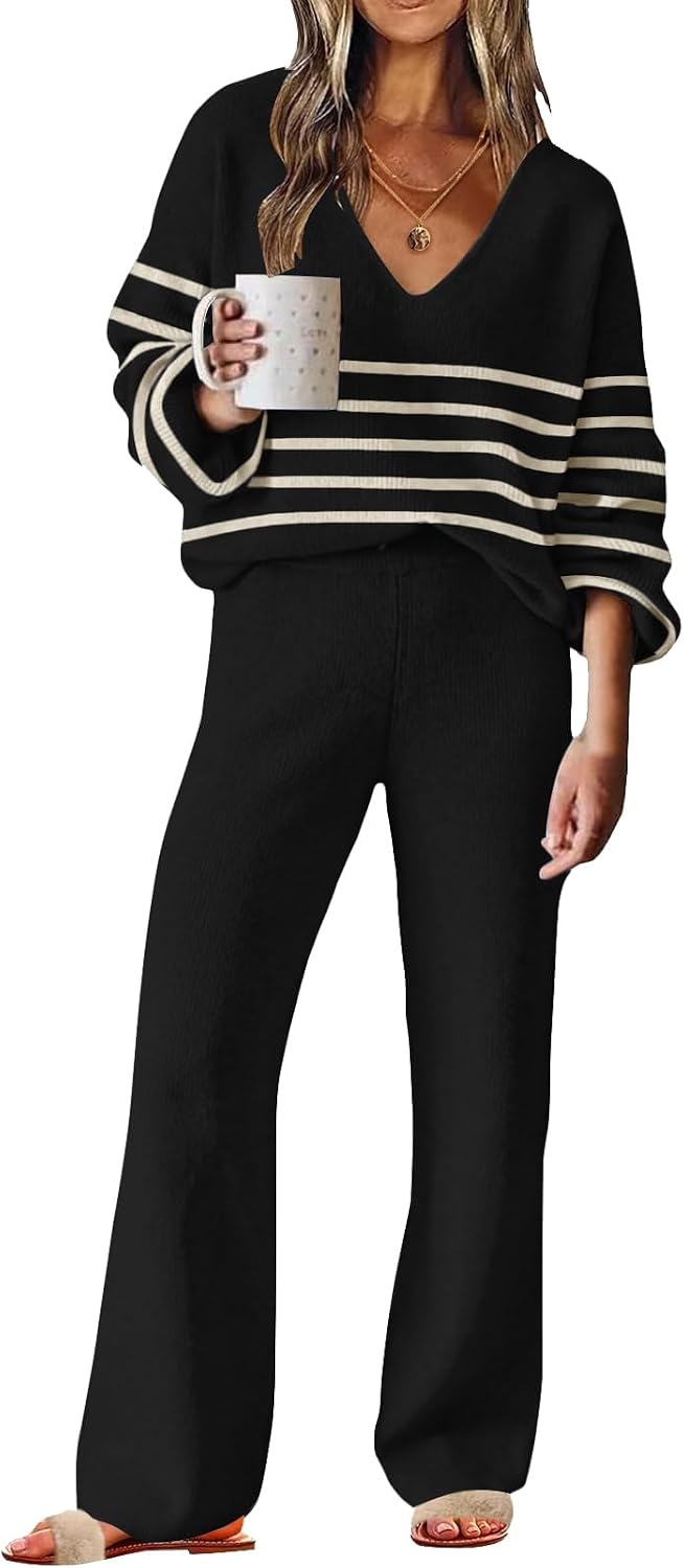 Womens 2 Piece Outfit Sweater Lounge Sets V Neck Knit Pajama Set Loungewear