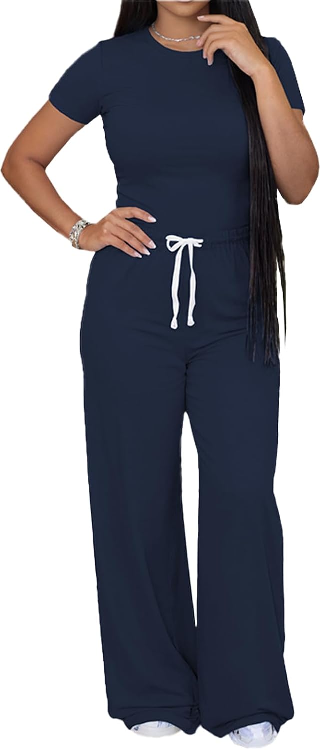 Ulovmi Womens 2 Piece Outfits Short Sleeve Slim Top Wide Leg Pants Lounge Sets Casual Travel Tracksuit