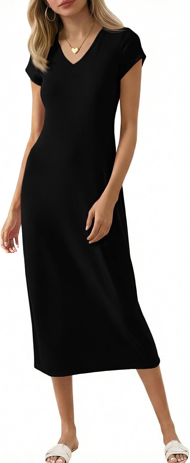 Wenrine Womens Short Sleeve T-Shirt Dress Summer V Neck Basic Solid Casual Long Midi Dresses