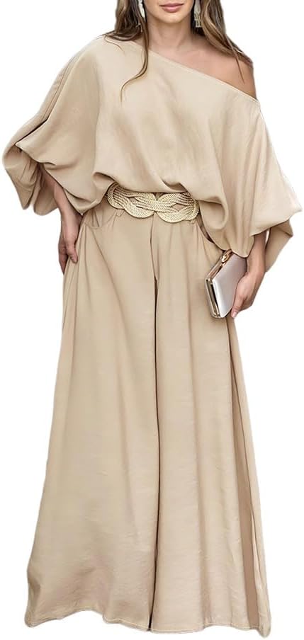 CHICME Women Summer 2 Piece Outfits Off Shoulder Top Flowy Wide Leg Pants Set Vacation Travel Airport Outfits