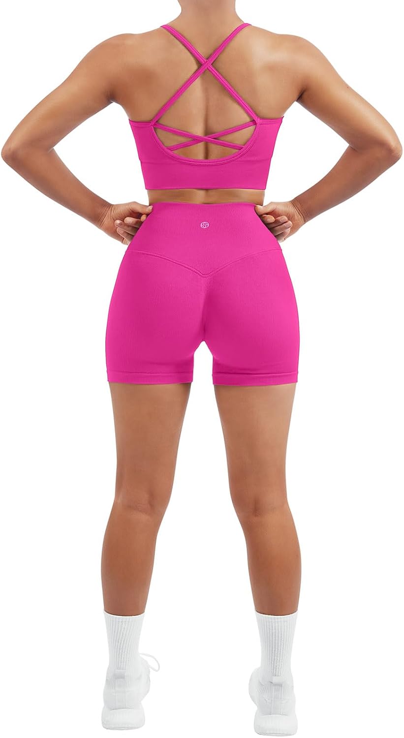 SUUKSESS Women Seamless 2 Piece Workout Sets Criss Cross Sports Bra High Waist Booty Shorts
