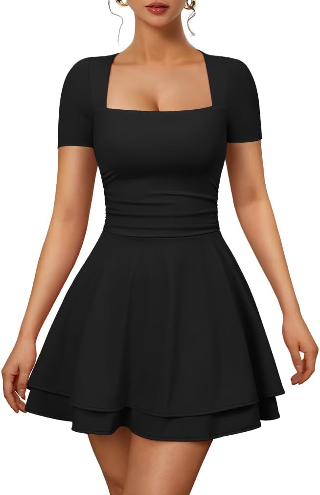 XXTAXN Women’s Sexy Square Neck Short Sleeve Ruched Tiered Ruffle Hem Flowy Club Party Mini Dress