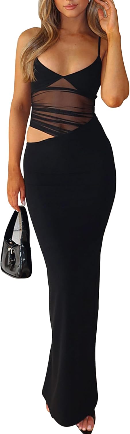 BORIFLORS Women’s Sexy Bodycon V Neck Spaghetti Strap Maxi Dress Elegant Backless Cocktail Evening Party Long Formal Dresses