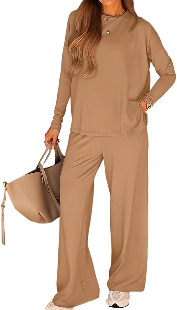 CHICME 2 Piece Lounge Sets for Women Long Sleeve Side Slit Top and Wide Leg Pants Casual Summer Outfits with Pockets Travel