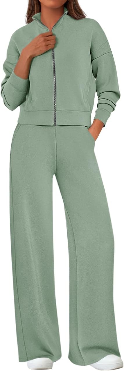 PRETTYGARDEN Women’s 2 Piece Outfits Spring Sweatsuits Zip Up Sweatshirt Wide Leg Sweatpants Casual Tracksuit Lounge Sets